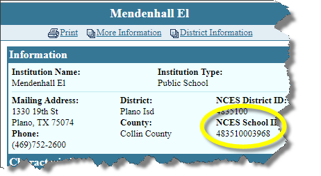 NCES Number Lookup ID location 